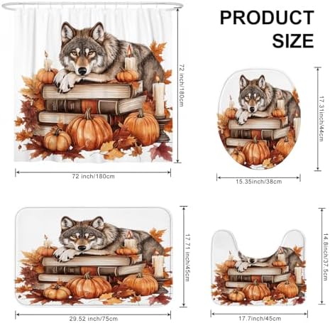 4PCS Fall Wolf Pumpkins Shower Curtain Set with Non-Slip Rug and Toilet Lid Cover Mat