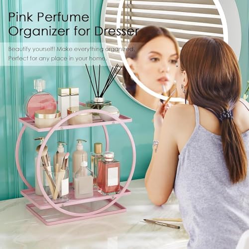 Pink Perfume Organizer for Vanity 2-Tier Bathroom Storage Shelf Large Capacity Metal Skincare Display Stand
