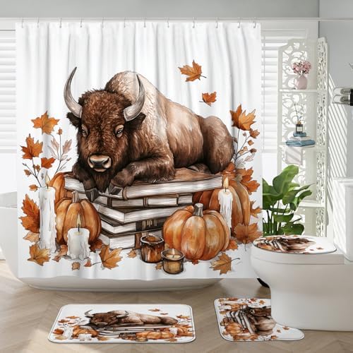 4PCS Fall Bisons Pumpkins Shower Curtain Set with Non-Slip Rug and Toilet Lid Cover Mat