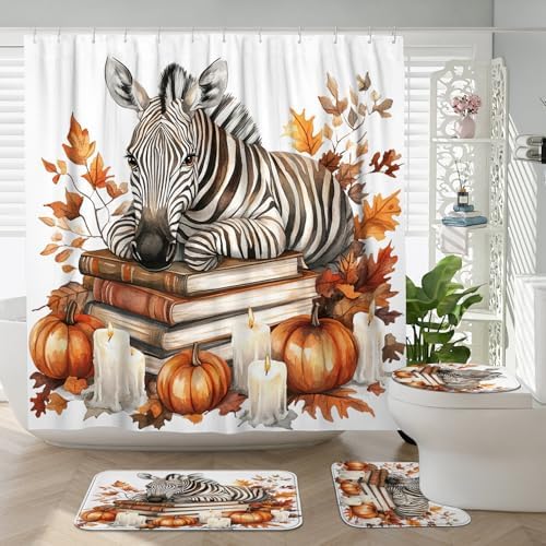 4PCS Fall Zebras Pumpkins Shower Curtain Set with Non-Slip Rug and Hooks