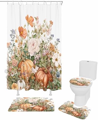 Thanksgiving Flowers Pumpkin Shower Curtain Set 4 Pcs