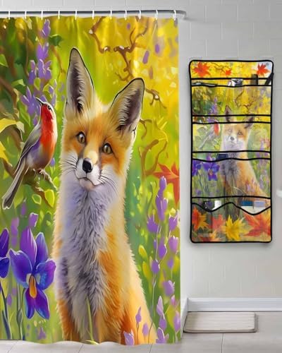 Funny Flower Blossom Fox Waterproof Shower Curtain with 10 Pockets Organizer