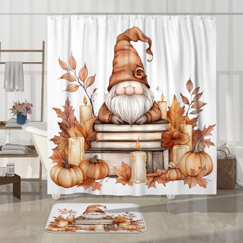 DESIHOM 4PCS Fall Gnome Shower Curtain Set with Hooks and Accessories