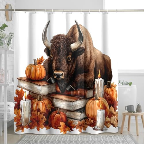 DESIHOM Fall Bisons Pumpkins Shower Curtain Set