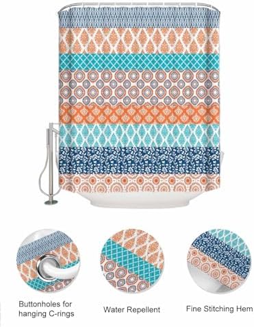 Geometric Stripe Shower Curtain with 10 Pockets and Hooks