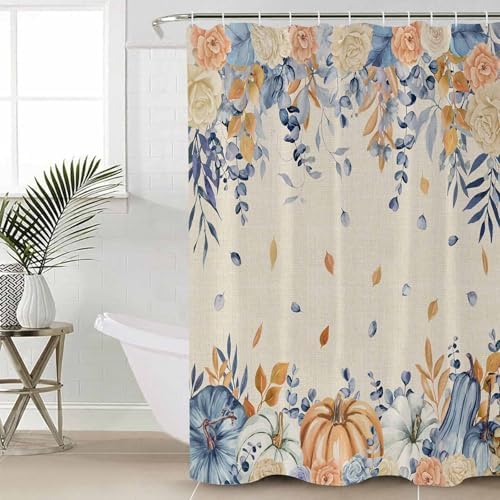 Orange Blue Fall 4 Pcs Shower Curtain Set with Non-Slip Rugs and Mats