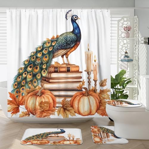 DESIHOM 4PCS Fall Peacock Shower Curtain Set with Hooks Non-Slip Rug U Shape and Toilet Lid Cover Mat