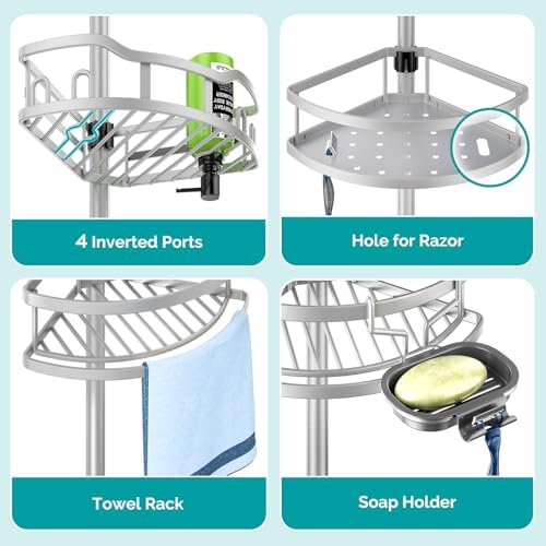 HAMITOR Corner Shower Caddy Tension Pole 4-Tier Adjustable Organizer