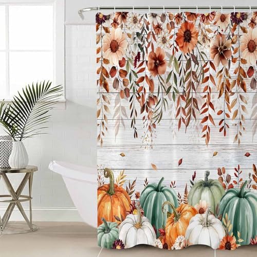 Fall Pumpkin 4 Pc Waterproof Shower Curtain Set with Non-Slip Rugs