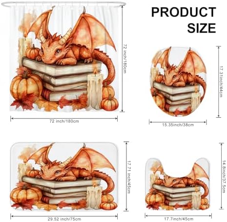 4PCS Fall Dragons Pumpkins Shower Curtain Set with Non Slip Rug and Toilet Lid Cover Mat
