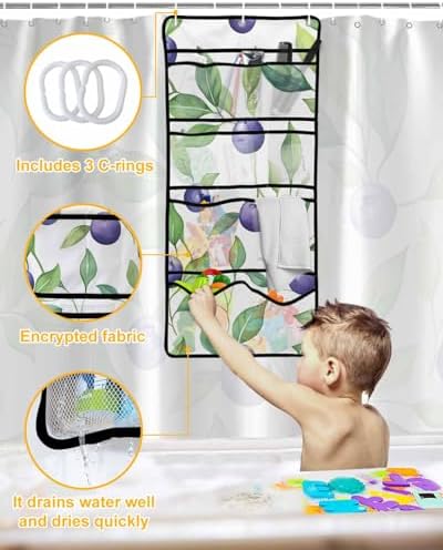 Watercolor Blueberry Leaf Shower Curtain Organizer Set