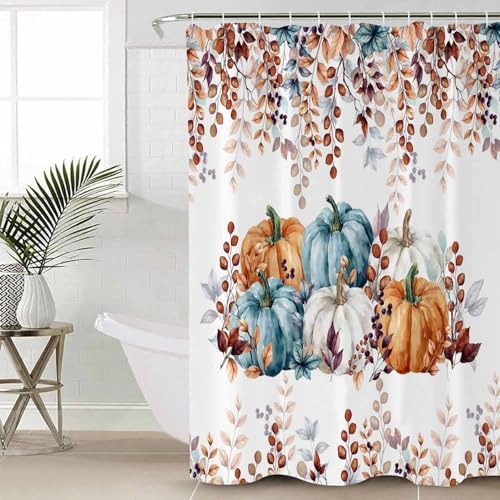 Thanksgiving Orange Blue Pumpkin Shower Curtain Set with Non-Slip Rugs