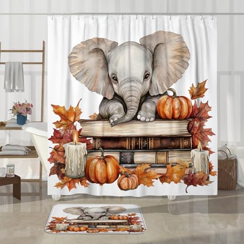 DESIHOM 4PCS Fall Elephants Pumpkins Shower Curtain Set with Non-Slip Rug and Toilet Lid Cover Mat