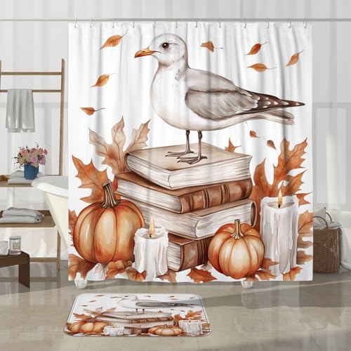 DESIHOM 4PCS Fall Seagull Bird Shower Curtain Set with Non-Slip Rug and Toilet Lid Cover Mat