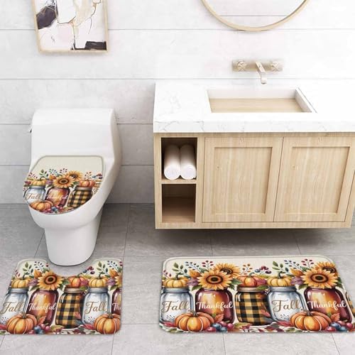 Thanksgiving Fall 4 Pc Shower Curtain Set with Non Slip Rugs