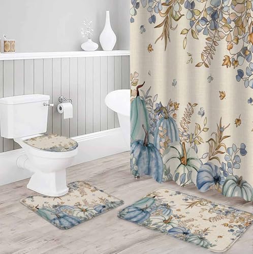 Blue Teal Pumpkins 4 Piece Shower Curtain Set