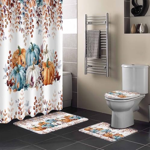 Thanksgiving Orange Blue Pumpkin Shower Curtain Set with Non-Slip Rugs