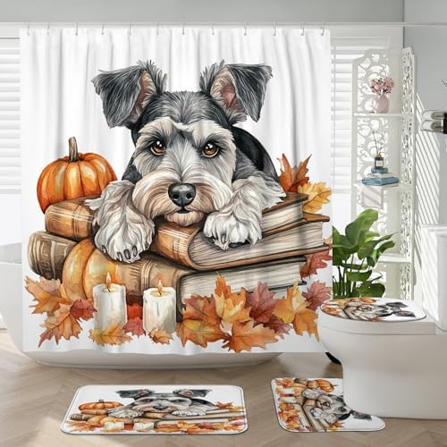 DESIHOM 4PCS Fall Schnauzer Dog Shower Curtain Set