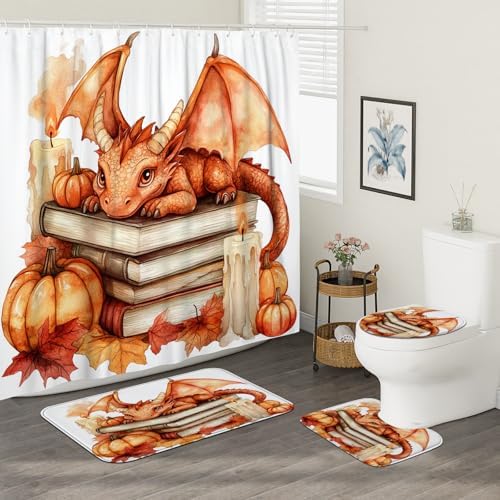 4PCS Fall Dragons Pumpkins Shower Curtain Set with Non Slip Rug and Toilet Lid Cover Mat
