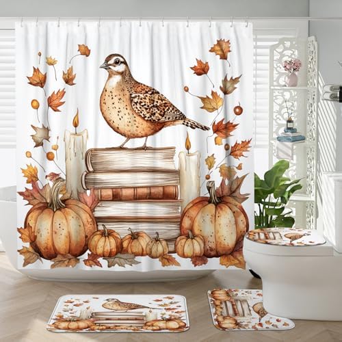 DESIHOM 4PCS Fall Quail Bird Shower Curtain Set with Hooks and Non-Slip Rug