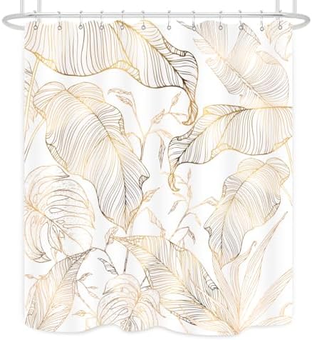 White Gold Tropical Palm Shower Curtain Set with Hooks