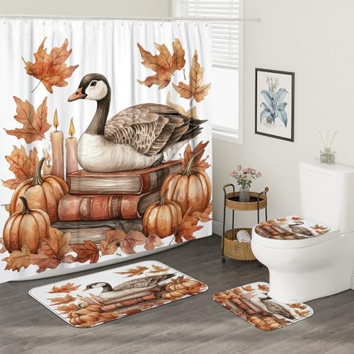 DESIHOM 4PCS Fall Goose Shower Curtain Set with Non-Slip Rug and Toilet Lid Cover Mat