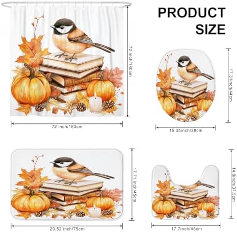 DESIHOM 4PCS Fall Chickadees Bird Shower Curtain Set with Non-Slip Rug and Hooks