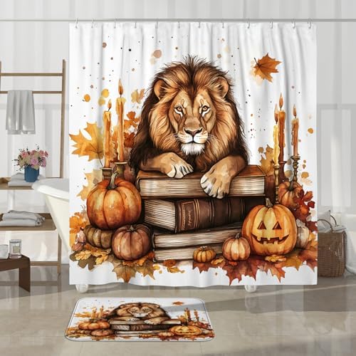 4PCS Fall Lion Pumpkins Shower Curtain Set 72x72 with Hooks and Bath Mat