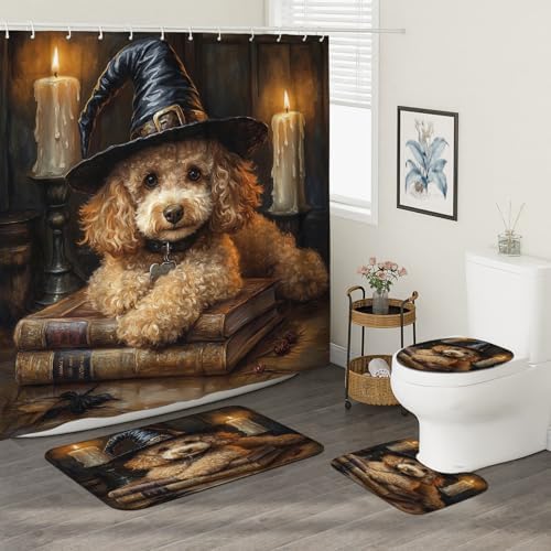 4PCS Halloween Witch Poodle Bathroom Set with Non-Slip Rug