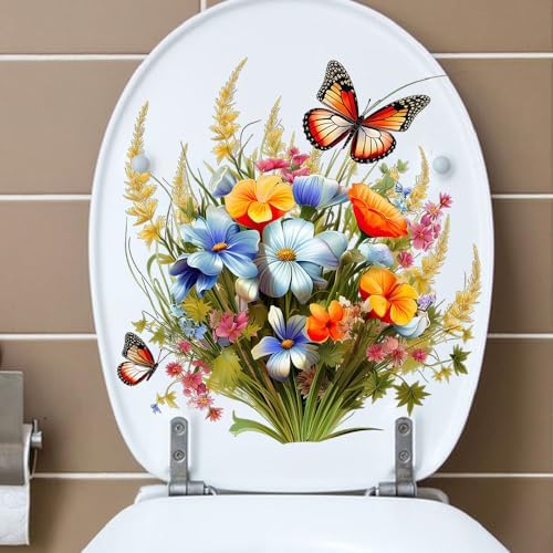 Toilet Stickers Bathroom Wall Decor Flowers Green Plant Butterflies Vinyl Decals