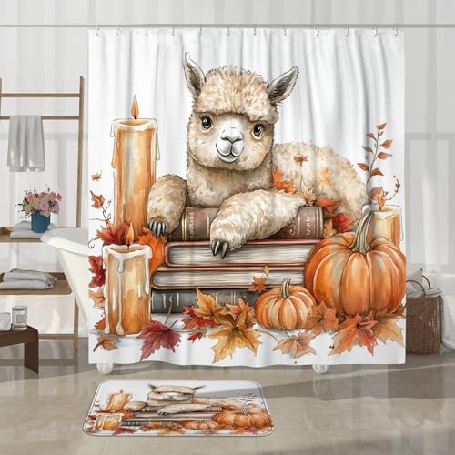 DESIHOM 4PCS Fall Alpaca Llama Shower Curtain Set with Non-Slip Rug and Toilet Lid Cover Mat