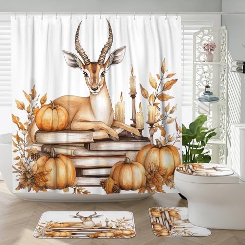 4PCS Fall Antelopes Pumpkins Shower Curtain Set with Hooks and Non-Slip Rug