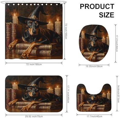 4PCS Halloween Witch Dog Bathroom Set with Non-Slip Rug and Magic Book Candle Decor