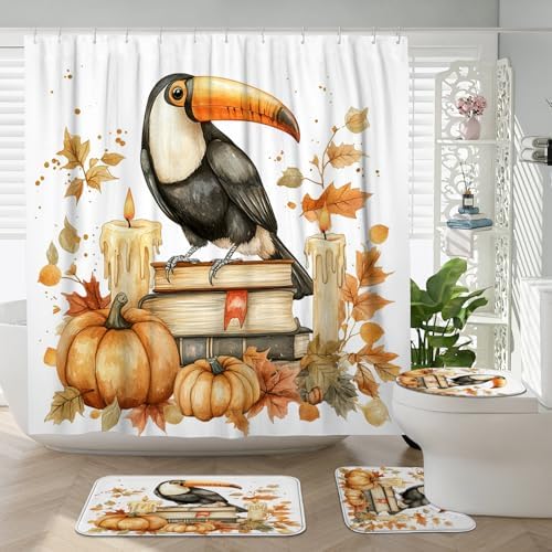 DESIHOM 4PCS Fall Toucan Bird Shower Curtain Set with Non-Slip Rug and Hooks