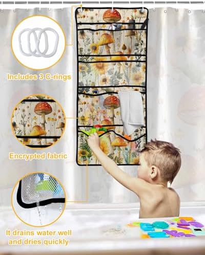 ZFUNCING Shower Curtain Set with Mesh Organizer and Hooks