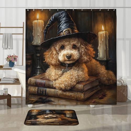 4PCS Halloween Witch Poodle Bathroom Set with Non-Slip Rug
