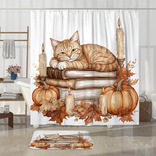 DESIHOM 4PCS Fall Cats Kitten Shower Curtain with Hooks and Non-Slip Rug