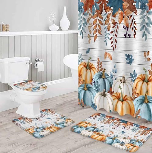 Harvest Pumpkin Shower Curtain Set with Non-Slip Rugs 4 Pcs
