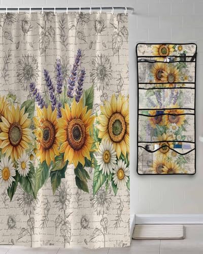 Watercolor Sunflower Lavender Shower Curtain Set with 10 Pockets