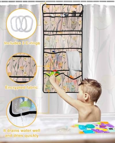ZFUNCING Shower Curtain with Mesh Organizer and 10 Pockets 1