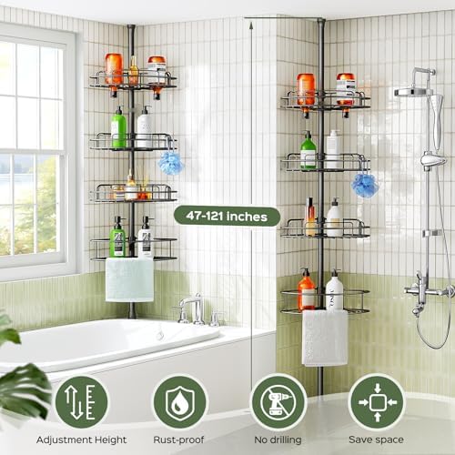 HAMITOR Corner Shower Caddy Tension Pole 4-Tier Adjustable Organizer