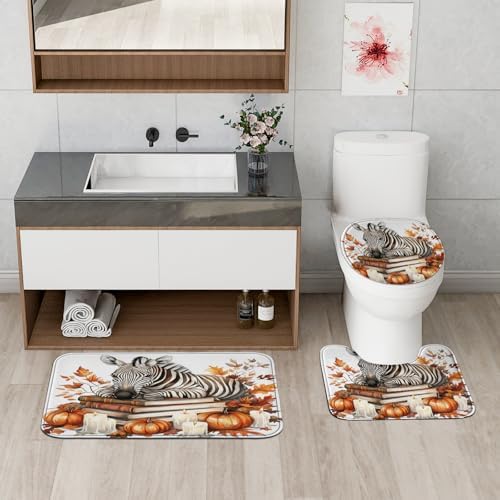 4PCS Fall Zebras Pumpkins Shower Curtain Set with Non-Slip Rug and Hooks