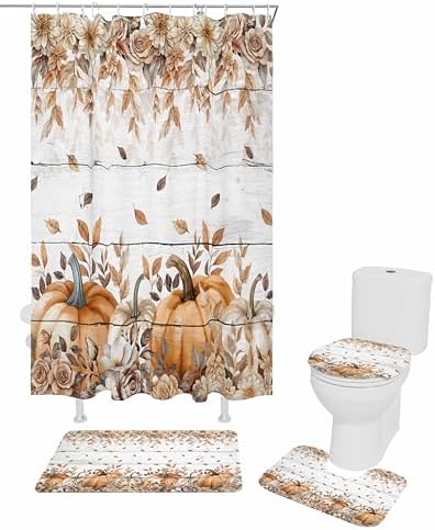 Fall Pumpkin 4 Pcs Waterproof Shower Curtain Set with Non-Slip Rugs and Mats