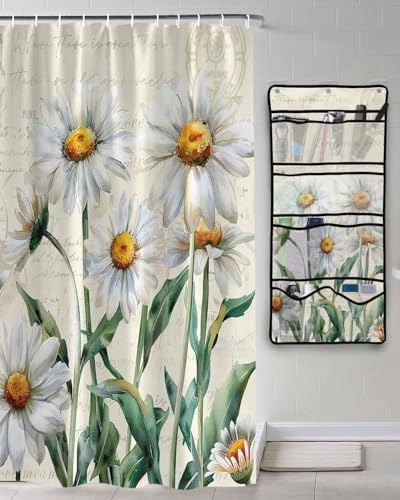ZFUNCING Flower Pattern Shower Curtain with Organizer Set
