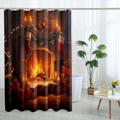 DESIHOM Christmas Fireplace Candle Shower Curtain Set 72 Inch