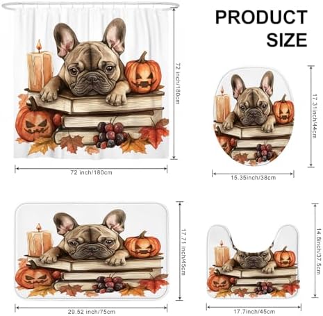 DESIHOM 4PCS Fall French Bulldog Shower Curtain Set with Non-Slip Rug and Hooks