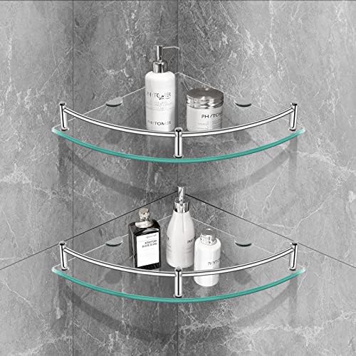 YorkHoMo Glass Corner Shelves with Rail 2 Pack