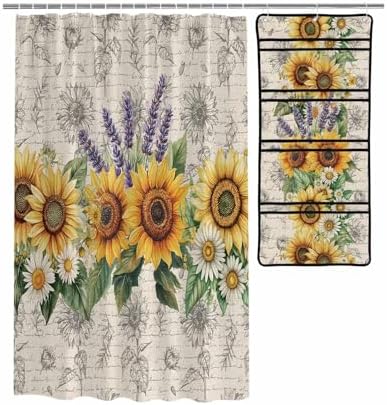 Watercolor Sunflower Lavender Shower Curtain Set with 10 Pockets