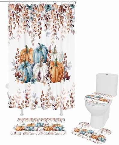 Thanksgiving Orange Blue Pumpkin Shower Curtain Set with Non-Slip Rugs