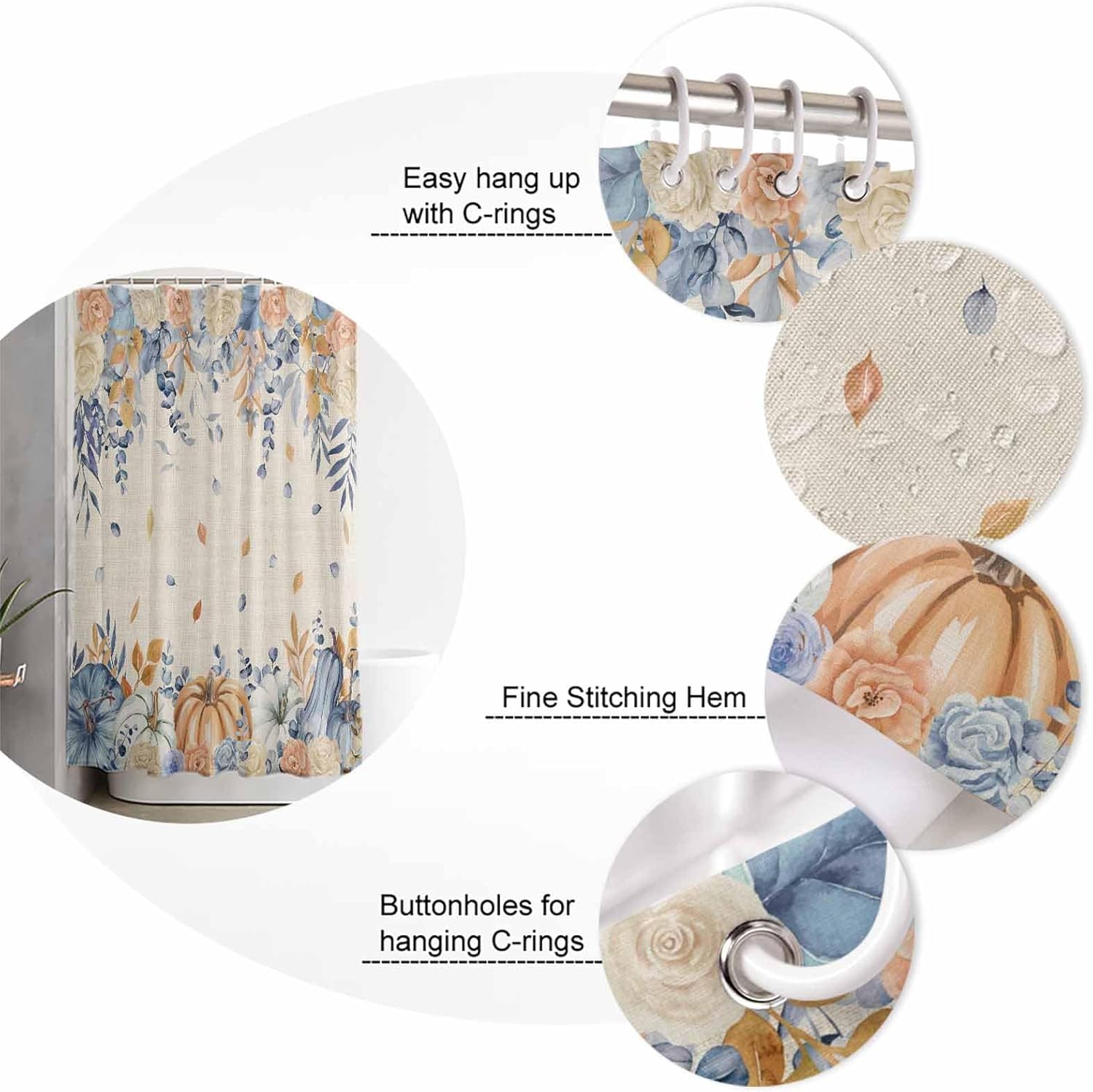 Orange Blue Fall 4 Pcs Shower Curtain Set with Non-Slip Rugs and Mats